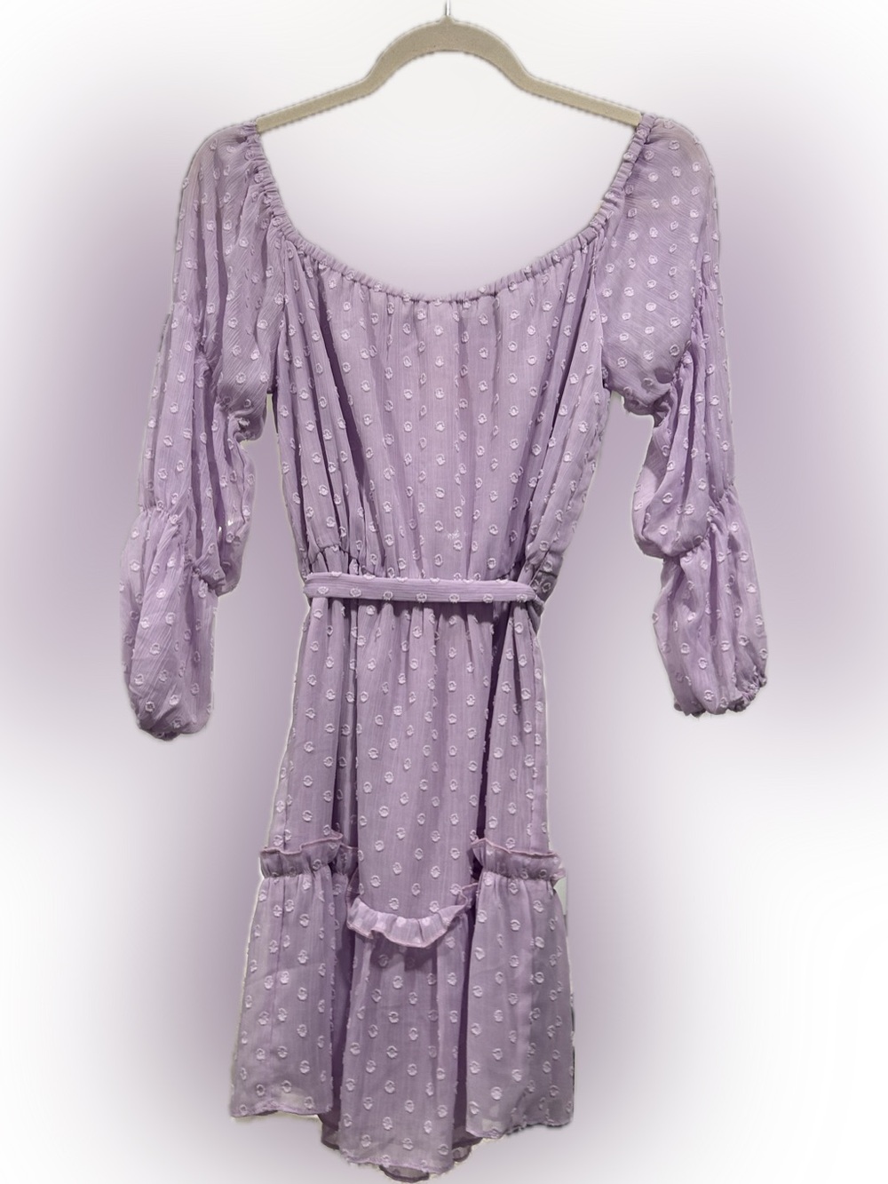 Showpo Lilac Off-Shoulder Tiered Dress with Waist Tie